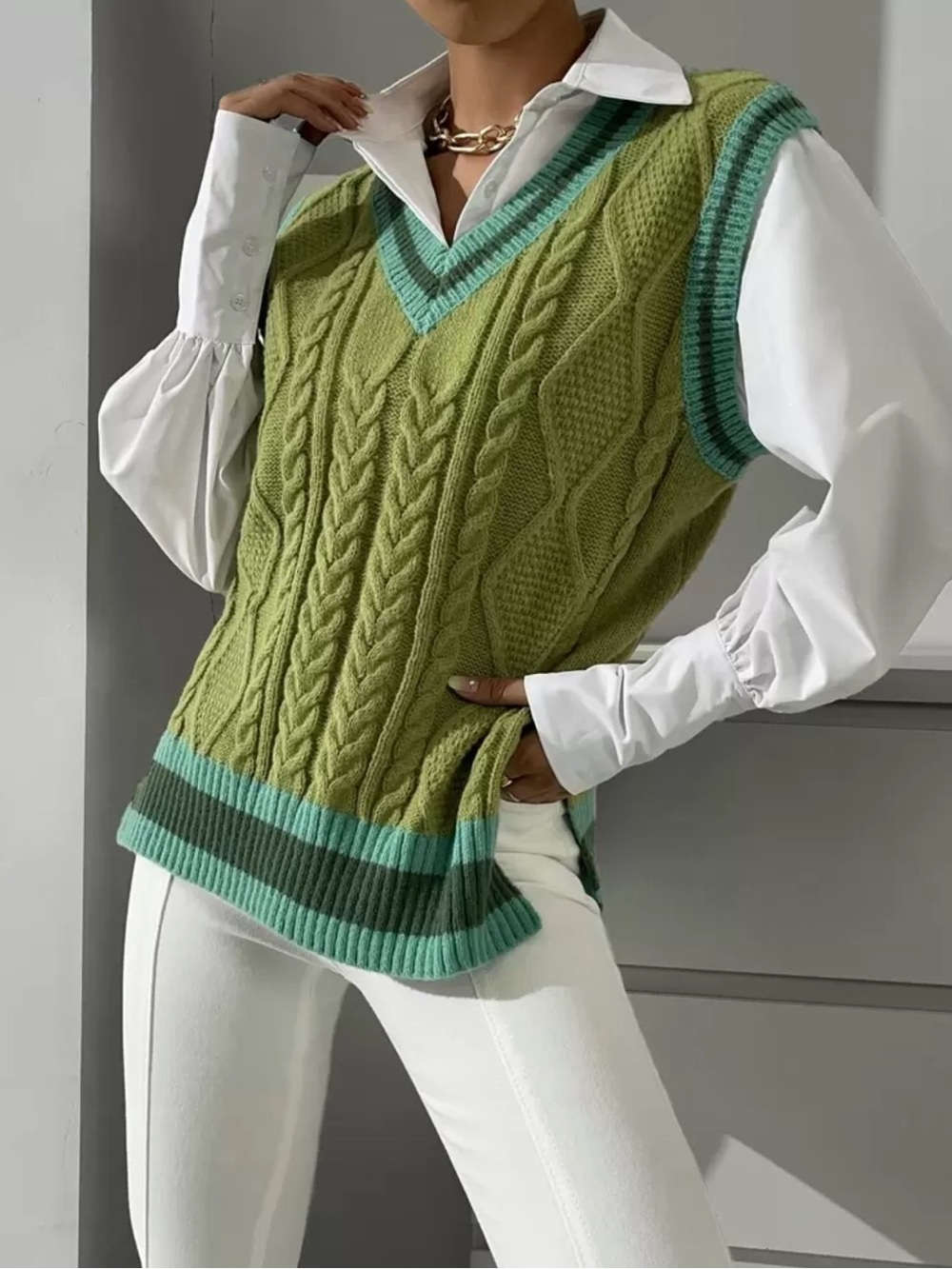 Olive Green Cable-Knit V-Neck Sweater Vest with Mint Trim
